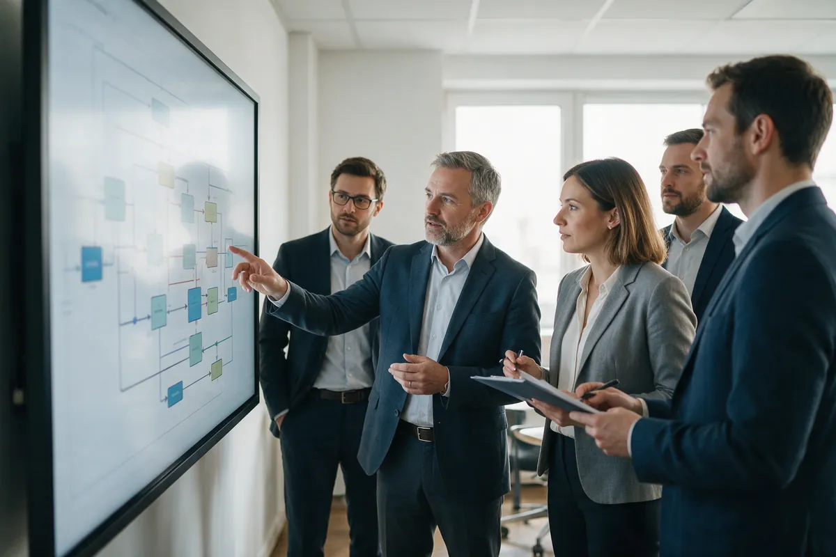 Consultores y gerente revisando un mapa de procesos en una sala de reuniones